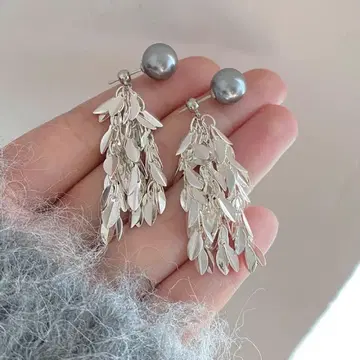 실버 잎 디자인 롱 귀걸이
