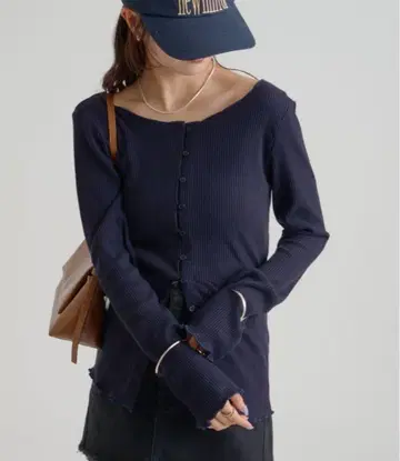 mystic 기모 리브 버튼 가디건 네이비