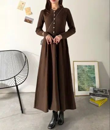 클래식 엘프 허리 리본 니트 원피스 (롱 기장)