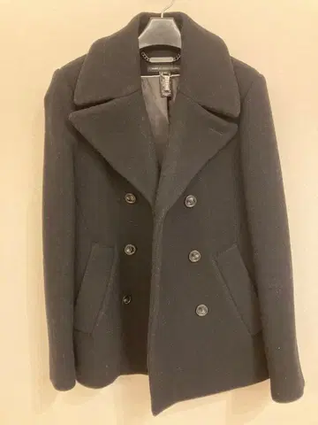 울 더블 브레스트 피 코트 블랙 마크 바이