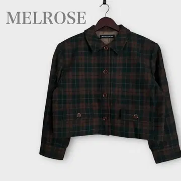 멜로즈 스탠 칼라 체크 자켓 숏 기장 브라운 울 혼방