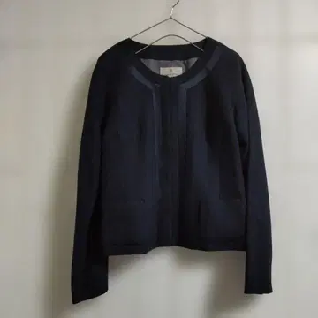 트랜스워크 트위드 노카라 자켓 실크 혼방 38 네이비 실크