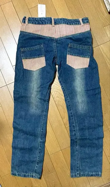 택 포함 미사용 새상품 스트라이프 허리 밴딩 데미지 데님 M