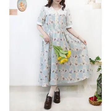 레이스 부착 카라 레트로 플라워 체크 무늬 원피스 색스