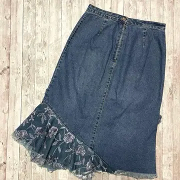 고품질 데님 롱 스커트 레이스 가공 있음 코튼 100% 빈티지