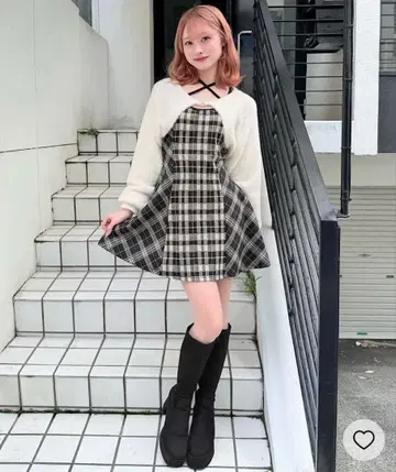 샤기 볼레로 미니 체크 원피스