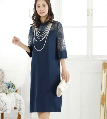 레티카 원피스 레이스 소매 네이비 L 화려한 파티 2차 모임 결혼식