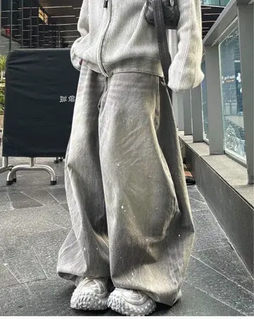 KXCK 한국 스트릿 그레이 와이드 데님 팬츠 페인트 가공
