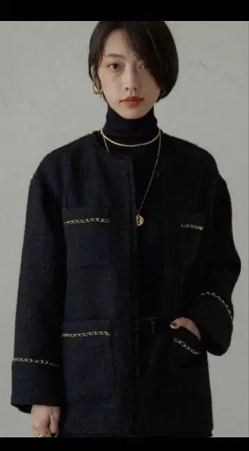 라운지 드레스 Loungedress 노카라 체인 트위드 자켓 블랙