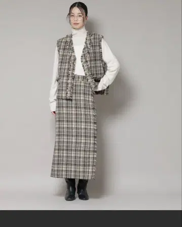 셋업 체크 프린지 골드 버튼 베스트 체크 프린지 랩 스커트