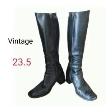 [빈티지] 천연 가죽 롱 부츠 23.5cm Y2K 스퀘어토 블랙