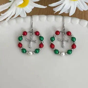 크리스마스 후프 귀걸이 크리스탈 비즈 x CZ 크로스 귀찌로 교환 가능