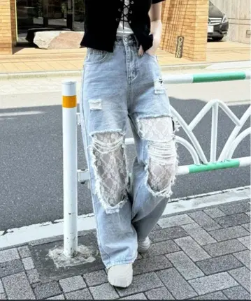 레이스 데미지 데님 팬츠 청바지