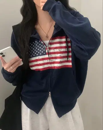 미국 국기 프린트 네이비 더블 지퍼 후드티