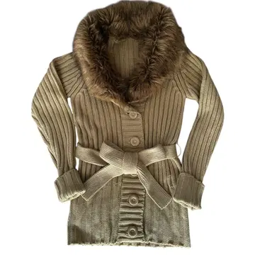 y2k 헤이세이 갸루 퍼 달린 베이지 니트 가디건 가운