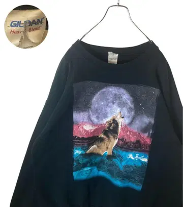 굿 디자인 구제 의류 늑대 x 달 빅 프린트 블랙 맨투맨 XL 빅 사이즈