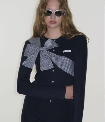 [ 새상품 ] CRANK 리본 니트 가디건 네이비