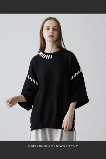 [ 2벌 ] [ CLEL ] 핸드 스티치 반팔 사이드 레이스 니트