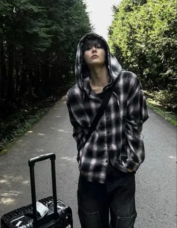 오버 사이즈 후드 체크 플란넬 셔츠 핑크 2plan