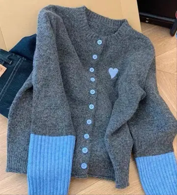 바이컬러 니트 하트 블루, 그레이 가디건