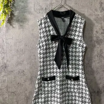 쉬인 슬리브리스 원피스 하운드투스 패턴 무릎 기장 리본 타이 페미닌 M