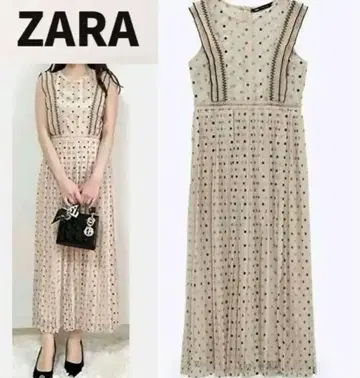 새상품급 ZARA 도트 무늬 튤 플리츠 원피스 레이스 프릴 시스루