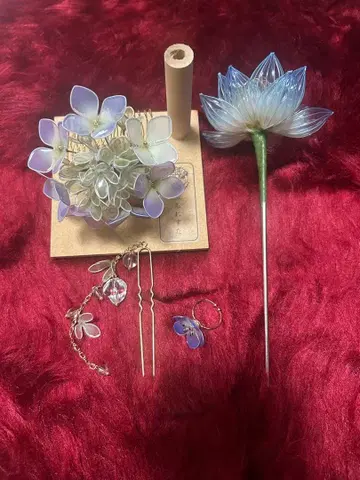 딥 아트 파랑 연꽃 헤어콤 비녀 머리 장식 수국 빗 네모필라