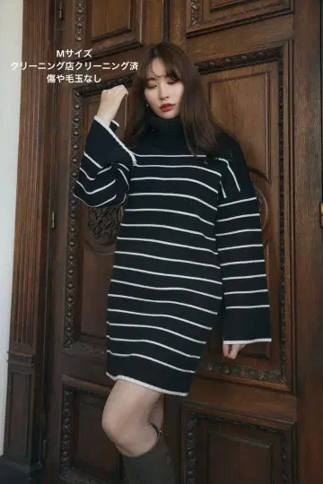 스트라이프 터틀넥 미니 니트 드레스