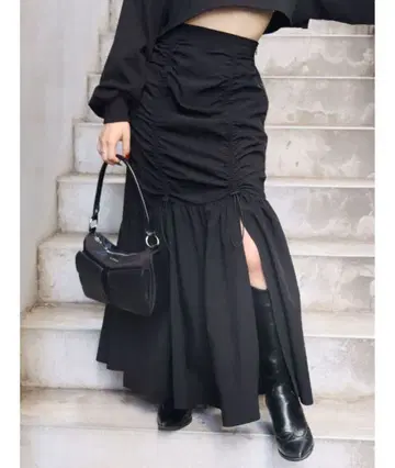 EVRIS 셔링 슬릿 롱 스커트