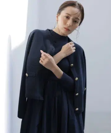 anuans 오리지널 버튼 노카라 니트 자켓 네이비