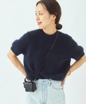 새상품급 Plage 캐시미어 믹스 퍼 반팔 풀오버 네이비