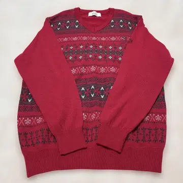 아다바트 진한 핑크색 페어아일 패턴 V넥 골프 니트 스웨터 L