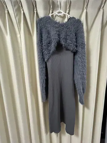 VIS 복슬복슬 가디건과 롱 원피스 세트 그레이