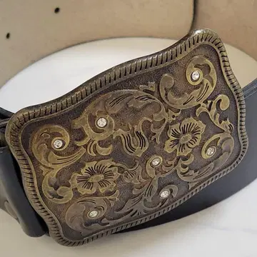 블랙 가죽 스톤 장식 버클 벨트