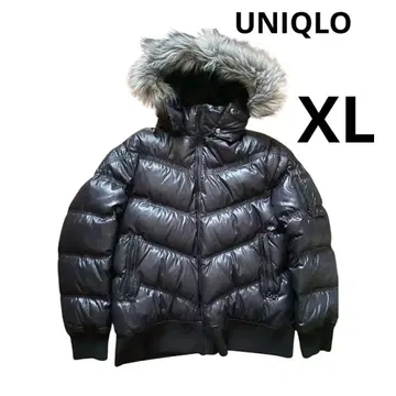 UNIQLO 프리미엄 다운 자켓 남성용 XL 블랙 인조 모피 포함