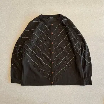 비즈 자수 울 100% 가디건 브라운 가을 겨울 세련된 리프 무늬