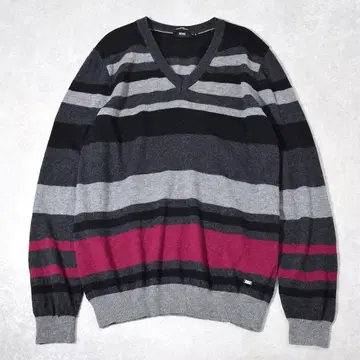 새상품급 휴고보스 HUGO BOSS 램스울 배색 보더 니트 L