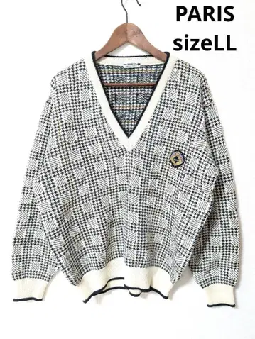 새상품급 PARIS 빈티지 체크 무늬 V넥 스웨터 LL