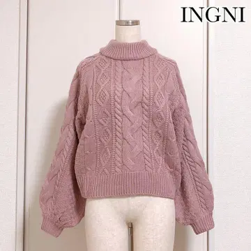 잉그 볼륨 슬리브 하이넥 니트 케이블 짜임 더스티 핑크