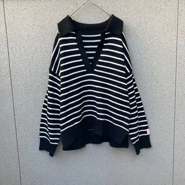 2951 [ 자바 ] L 스트라이프 V넥 니트 스웨터 오버 사이즈