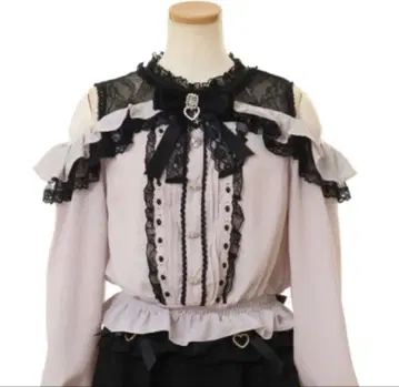 오픈 숄더 프릴 블라우스 핑크 x 블랙