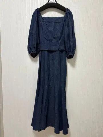 마제스틱 레곤 데님 퍼프 슬리브 롱 원피스 2세트