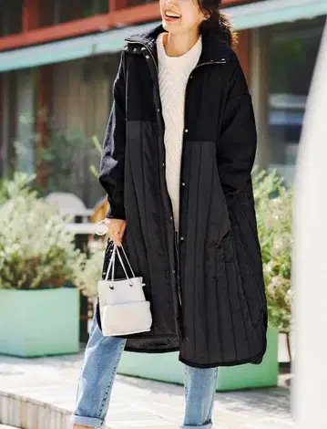 [ IEDIT ] 울 혼방 멜톤 고급 스트라이프 퀼팅 롱 코트