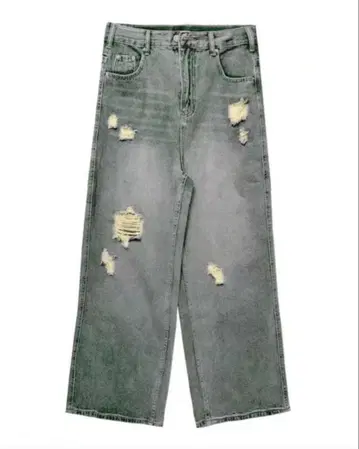 그레이 데미지 가공 와이드 레그 데님