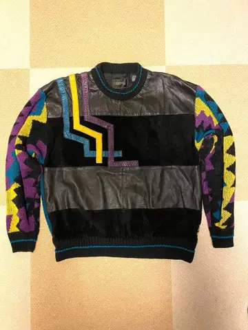 SAXONY 가죽 배색 아크릴 스웨터 올 패턴 멀티 컬러 남성용 XL