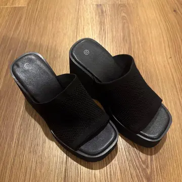 블랙 메쉬 스트랩 웨지 샌들 통굽 힐 미사용 선착순