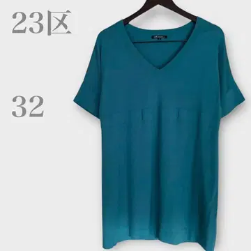 23KU V넥 니트 튜닉 울 혼방 반팔 블루 계열 작은 사이즈