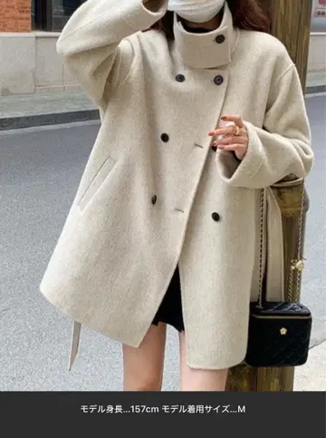 페이크 울 스탠드 카라 미들 기장 코트