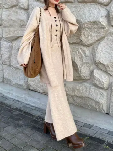 3종 세트 아이보리 니트 가디건 롱 스커트 셋업