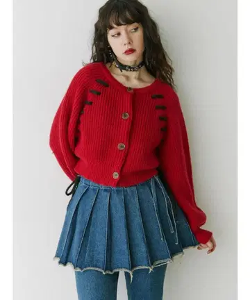 jouetie 바이컬러 스티치 니트 가디건 레드